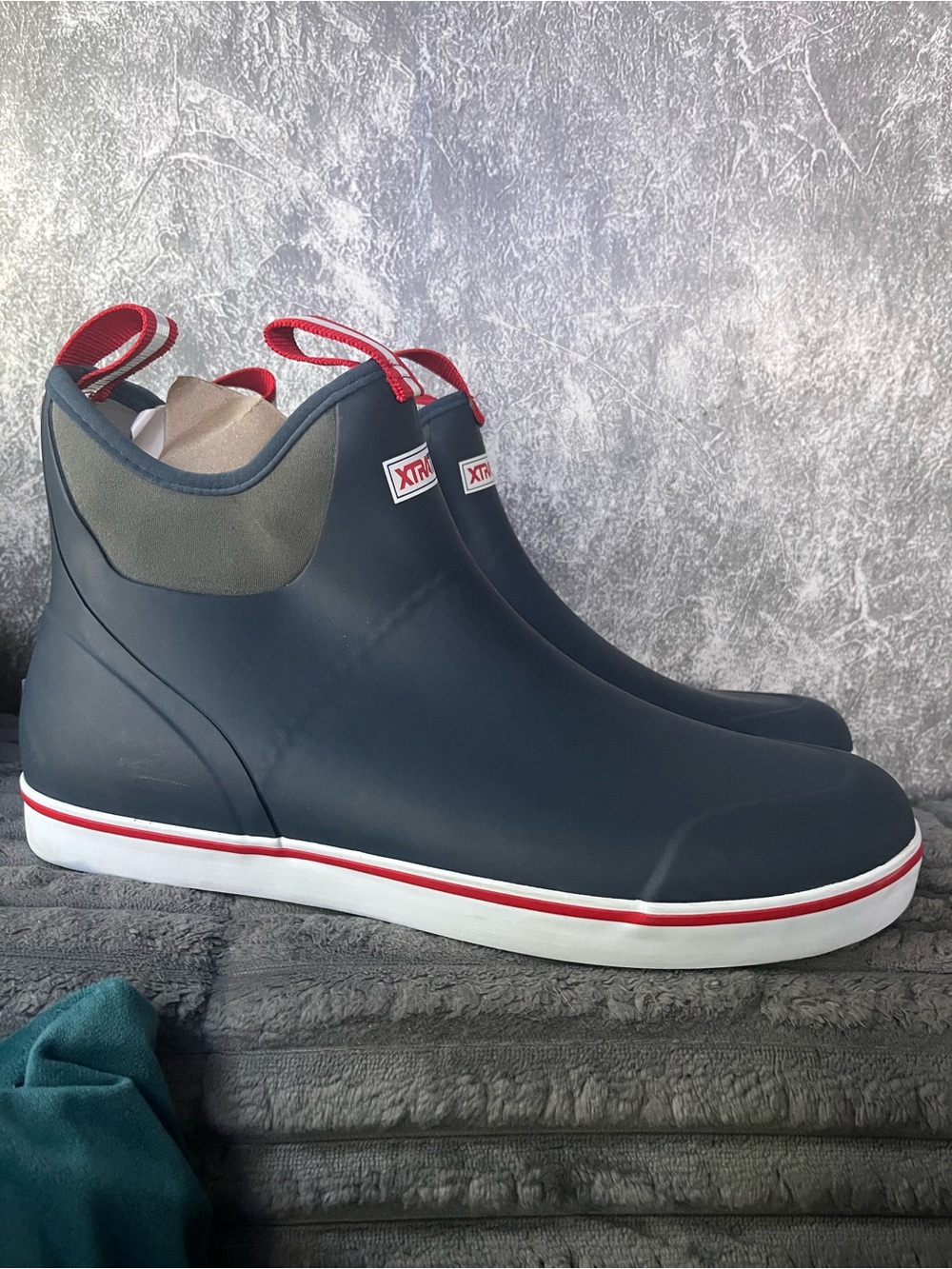 XTRATUF Men’s Navy Waterproof Ankle Rain & Snow Boots with Red Accent
